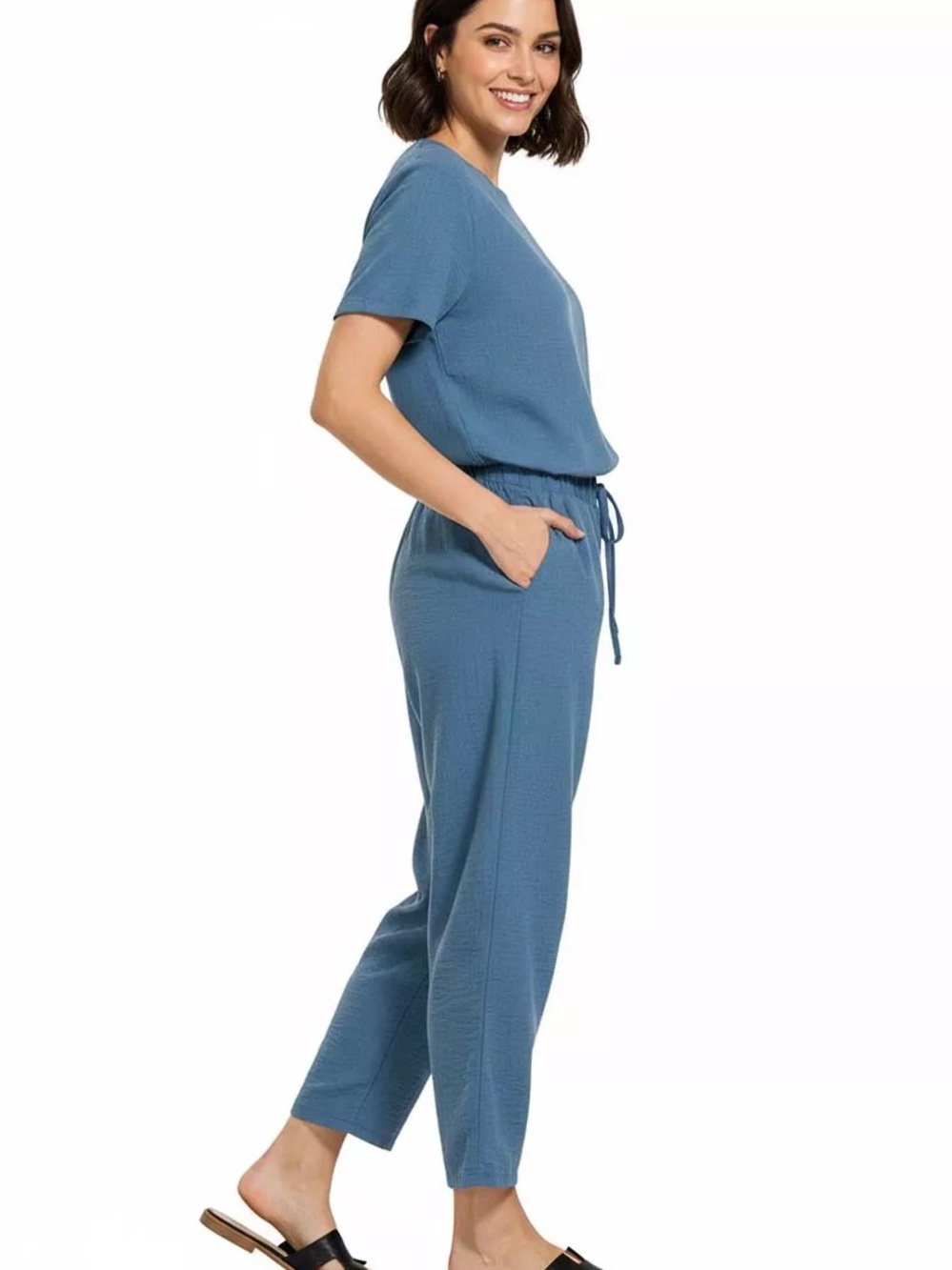Zenana Woven Crepe Elastic Band Drawstring Waist Casual Pants Dusty Blue Small - Picture 2 of 5
